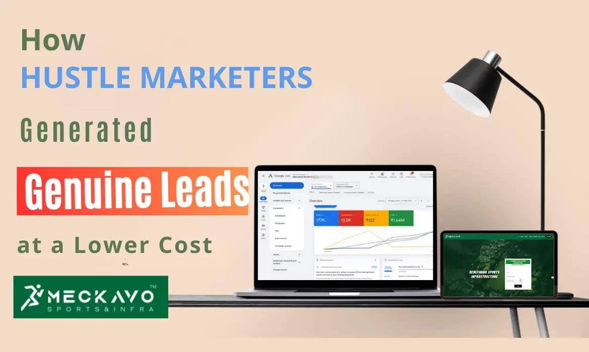 How Hustle Marketers generated genuine leads at a lower cost for Meckavo Sports & Infra, with a Google Ads dashboard on a laptop and the Meckavo website on a tablet.